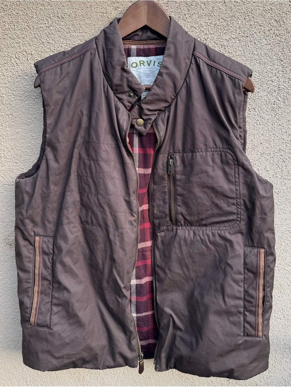 Orvis Vest Brown OR2P28 Plaid Lined Full Zip Outdoor Insulated Quilted Men’s M